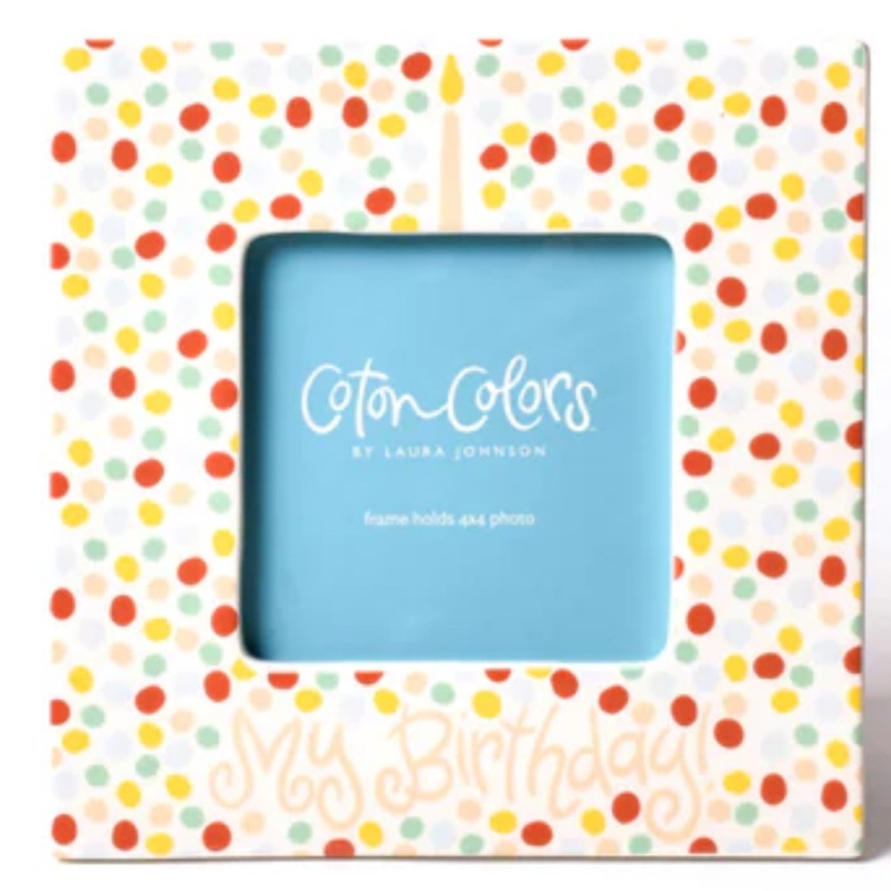 NEW Coton Colors Small Dot Pink “My Birthday” with Candle Square Ceramic Frame